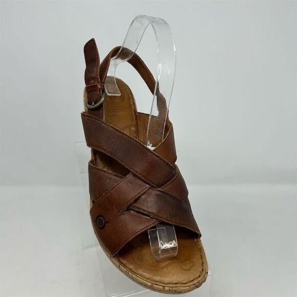 Born Women's Chestnut Brown Leather Slingback Wedge Sandals Size 9 Comfort - Picture 2 of 14